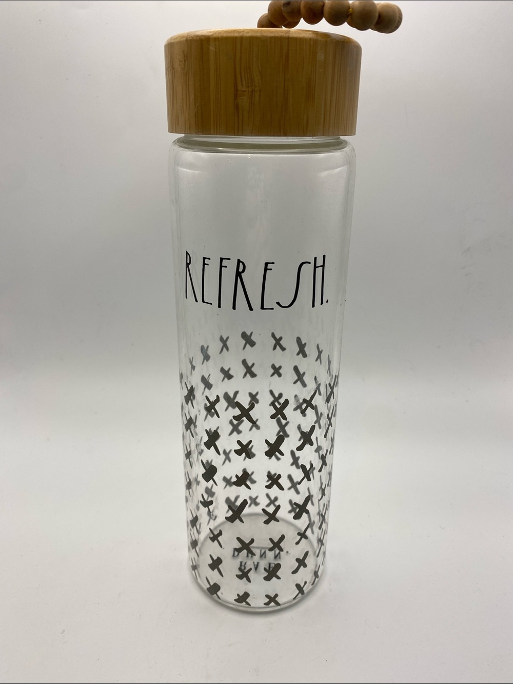 Rae Dunn glass water bottle, bamboo lid